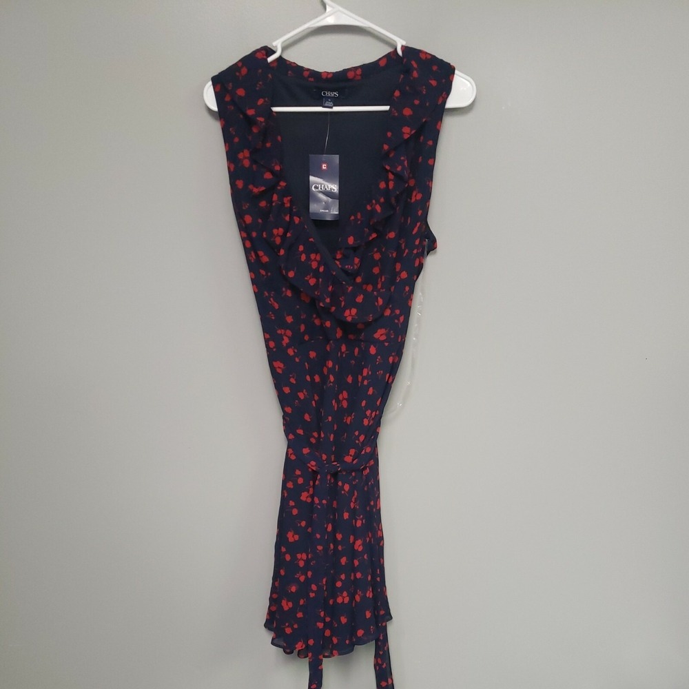 CHAPS-NAVY/RED-FLORAL-CROSSOVER-RUFFLED-TIE BELT-FIT & FLARE DRESS-SIZE‎ 14 NWT